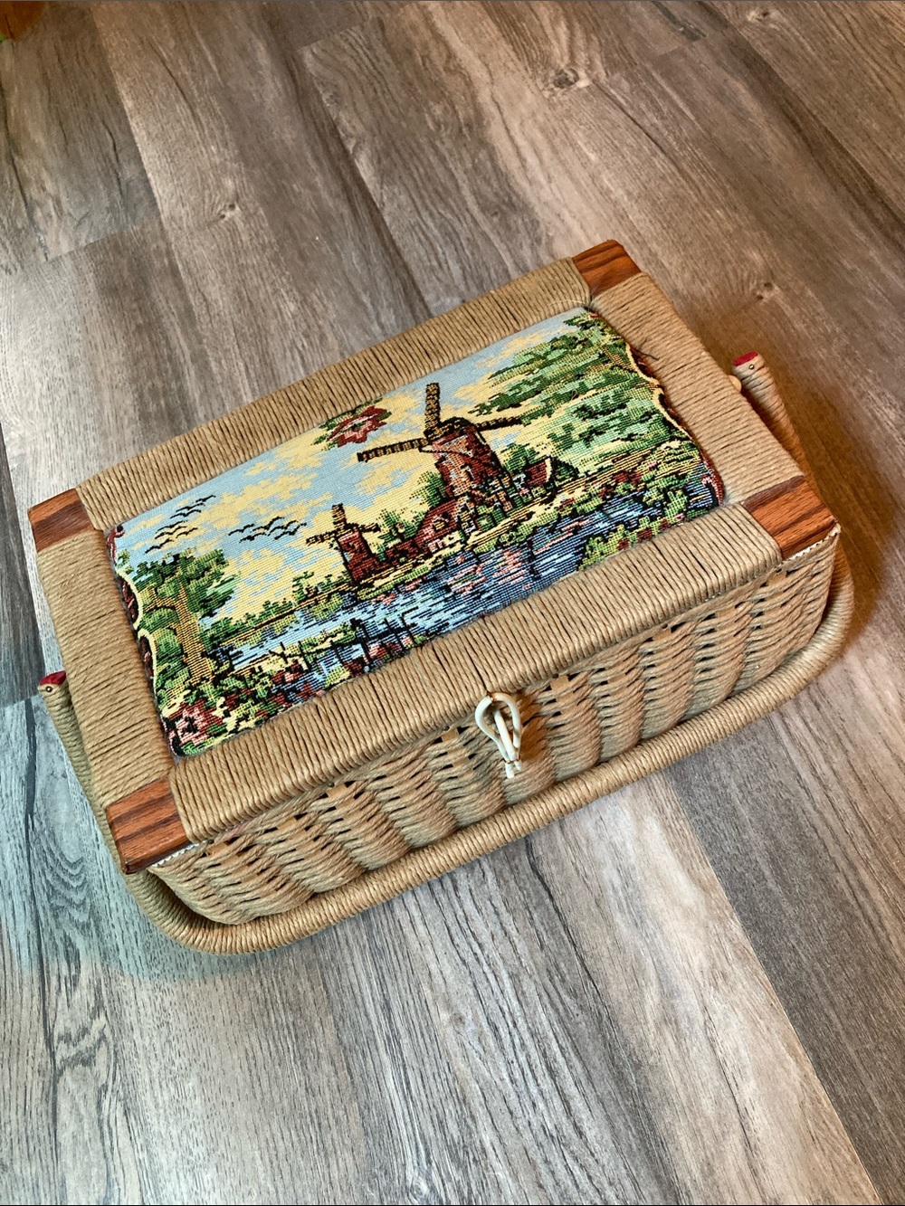 Vintage Wicker Tapestry Sewing Basket with Windmill Theme